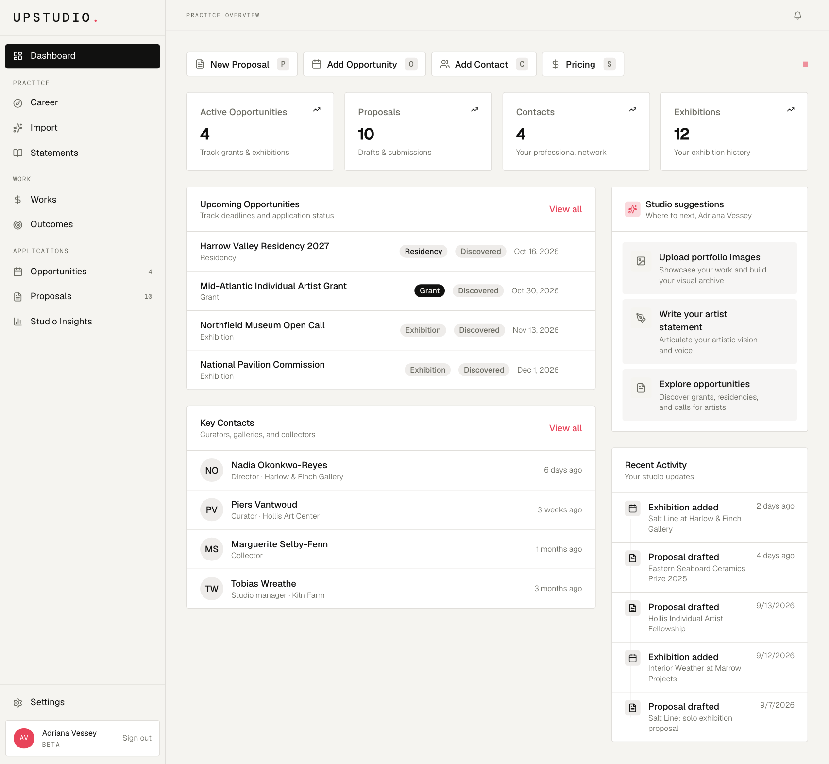 The Upstudio dashboard on a sample record: opportunity, proposal, contact and exhibition counts, upcoming deadlines, key contacts and recent studio activity.